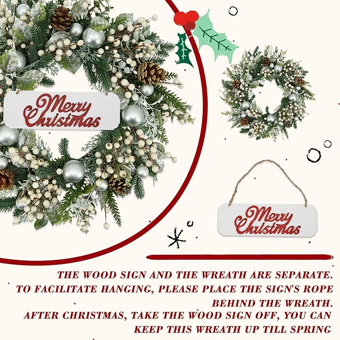 YNYLCHMX 20 Inch Winter Wreath for Front Door, Winter Wreaths with Welcome Sign Pine Needle Pine Cone Berry Artificial Door Wreaths for Window Wall Fireplace Farmhouse Holiday Party Decoration