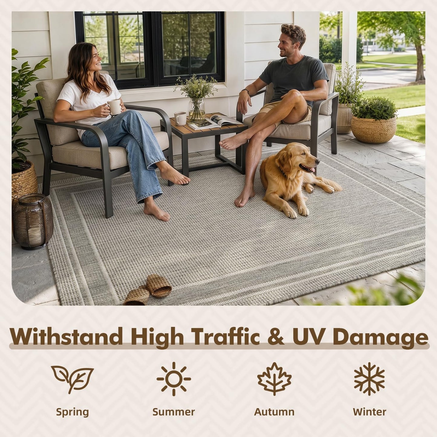 MontVoo-Outdoor Rug-Patio Rug 5x7 ft Polypropylene Indoor Outdoor Rugs Outdoor Carpet for Patio Deck Balcony Porch, Textured Weave, Durable for High Traffic, Fade-Resistant, Modern Silver Grey
