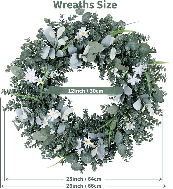 Door Wreath Green Eucalyptus for Front Door Wreaths Spring Summer Wreath 26 Inch Artificial Leaves Wreaths for All Season Home Farmhouse Porch Year Round Outdoor Wall Decorating,24 Inch