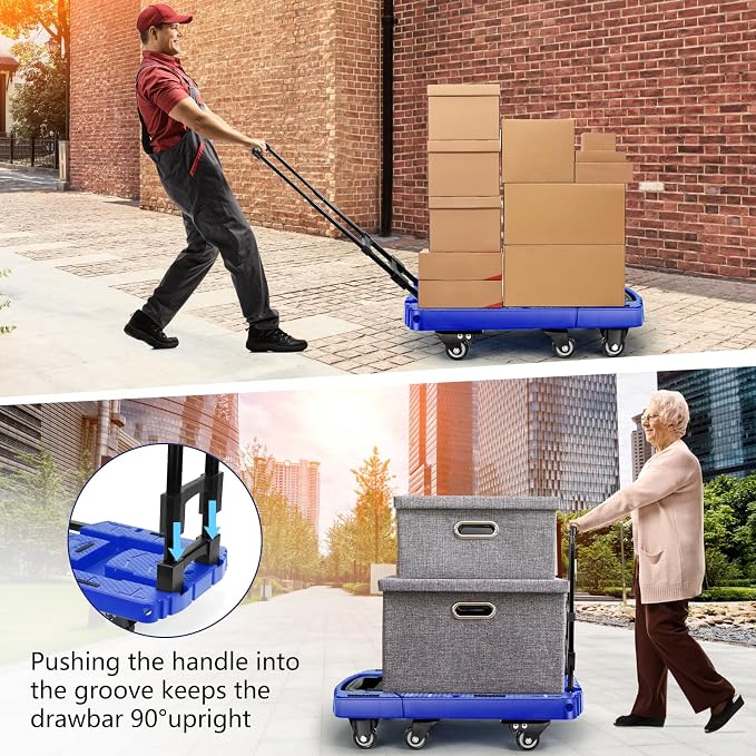 Voipvvii Folding Hand Truck 500lbs, Portable Heavy Duty Dolly Cart, 6 Wheels Collapsible Luggage Cart with 2 Elastic Ropes - Compact Trolley Cart for Easy Moving - Ideal Hand Cart for Travel and More