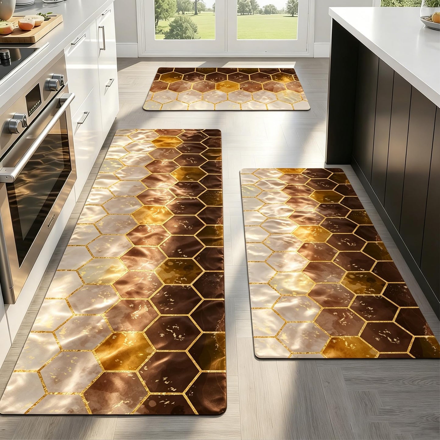 BSSN 3-Piece Kitchen Rugs and Mats Set,Cushioned No-Slip Resistant Kitchen Mats for Floor,Luxury Gold Hexagon Geometric Comfort Floor Mats,Washable Runner Rug for Kitchen Sink,Laundry,Office