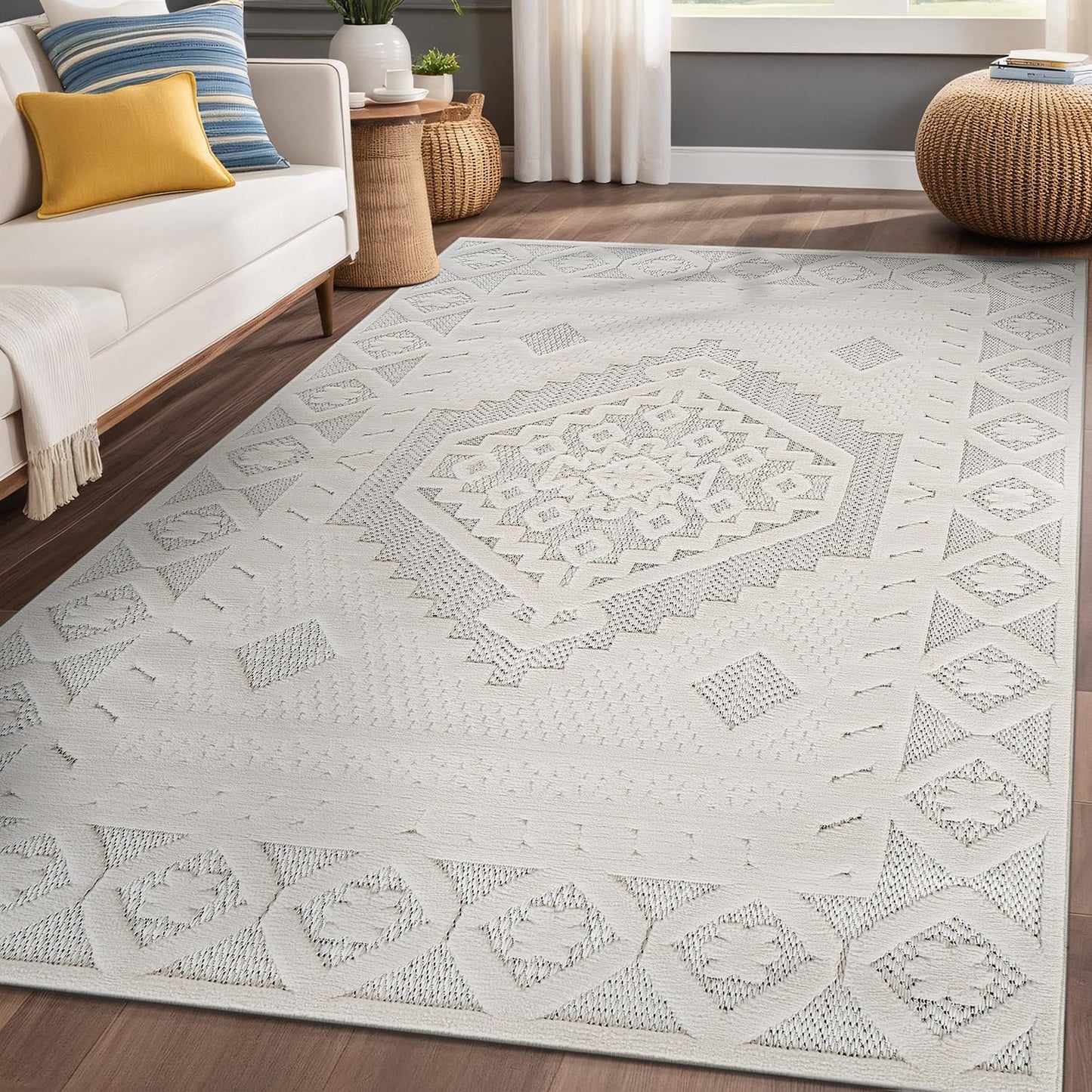 Luul Home Modern Micro Loop Indoor Area Rugs for Living Room Bedroom Kitchen Geometric Trellis White 4x6 Luxury Durable Low and High Pile Non-Shedding Stain Resistant Soft Area Carpet 4 x 6