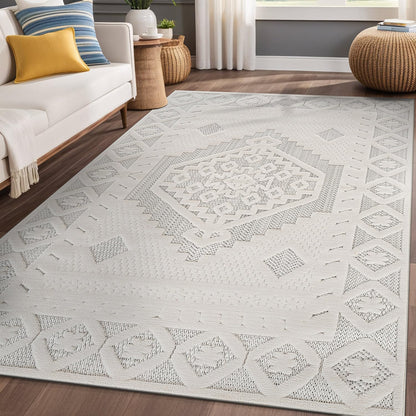 Luul Home Modern Micro Loop Indoor Area Rugs for Living Room Bedroom Kitchen Geometric Trellis White 4x6 Luxury Durable Low and High Pile Non-Shedding Stain Resistant Soft Area Carpet 4 x 6