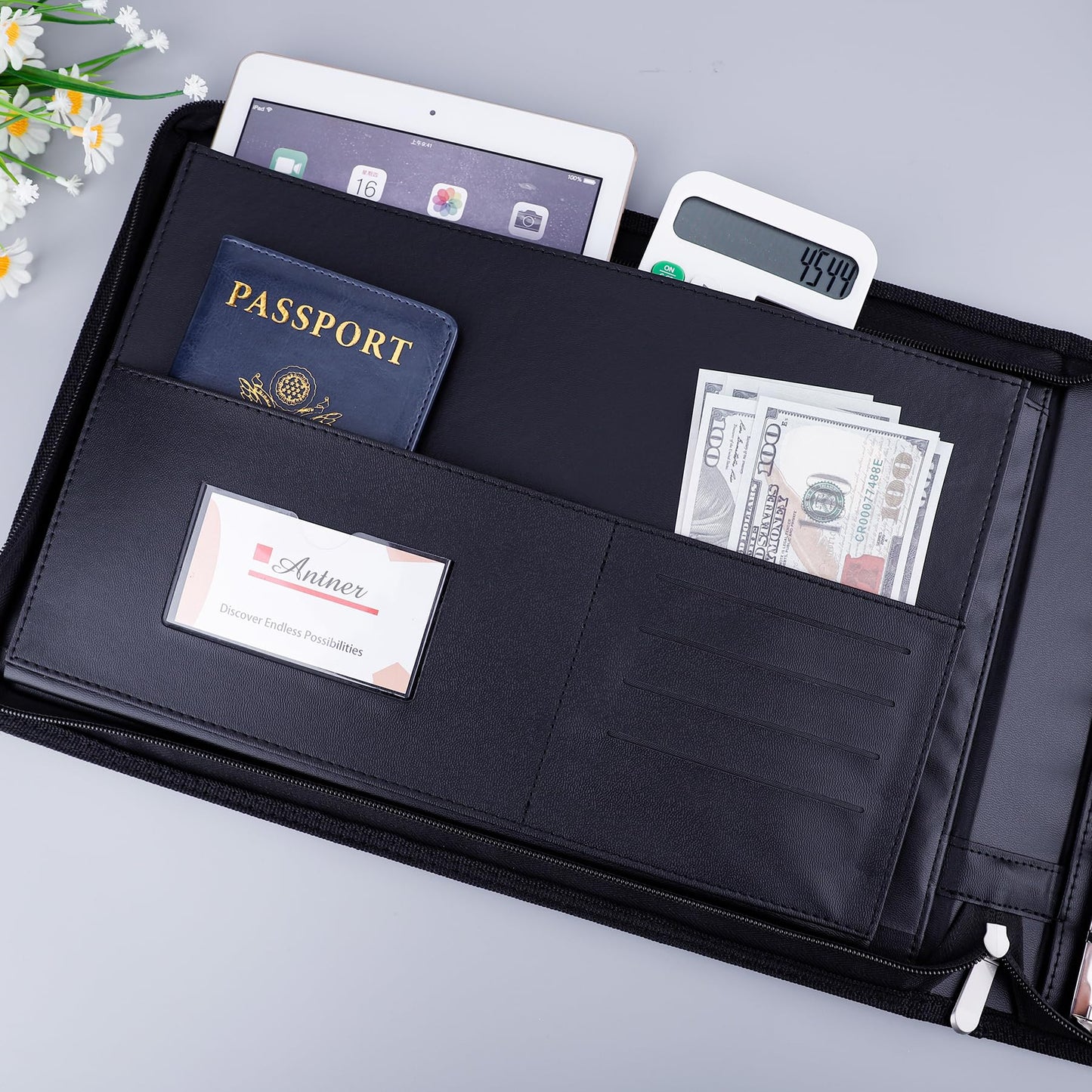 Antner Zippered 7 Ring Business Checkbook Binder Portfolio for 3-on-a-Page Business Checks, 600 Checks Capacity, PU Leather Check Book Binder Cover for 9x13 Sheets, Built-in Storage Organizer, Black