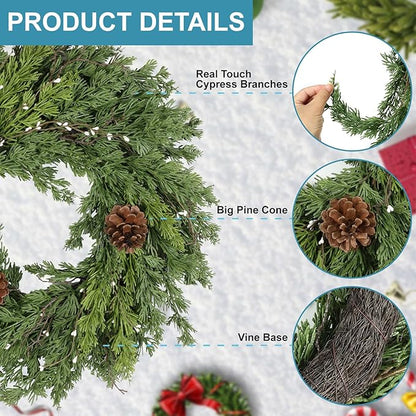 Artgar 24 Inch Christmas Cypress Wreath, Christmas Wreath for Front Door, Real Touch Pine Wreath Artificial Green Cedar Wreaths with Pine Cones for Wall Window Porch Indoor Outdoor Winter Decor