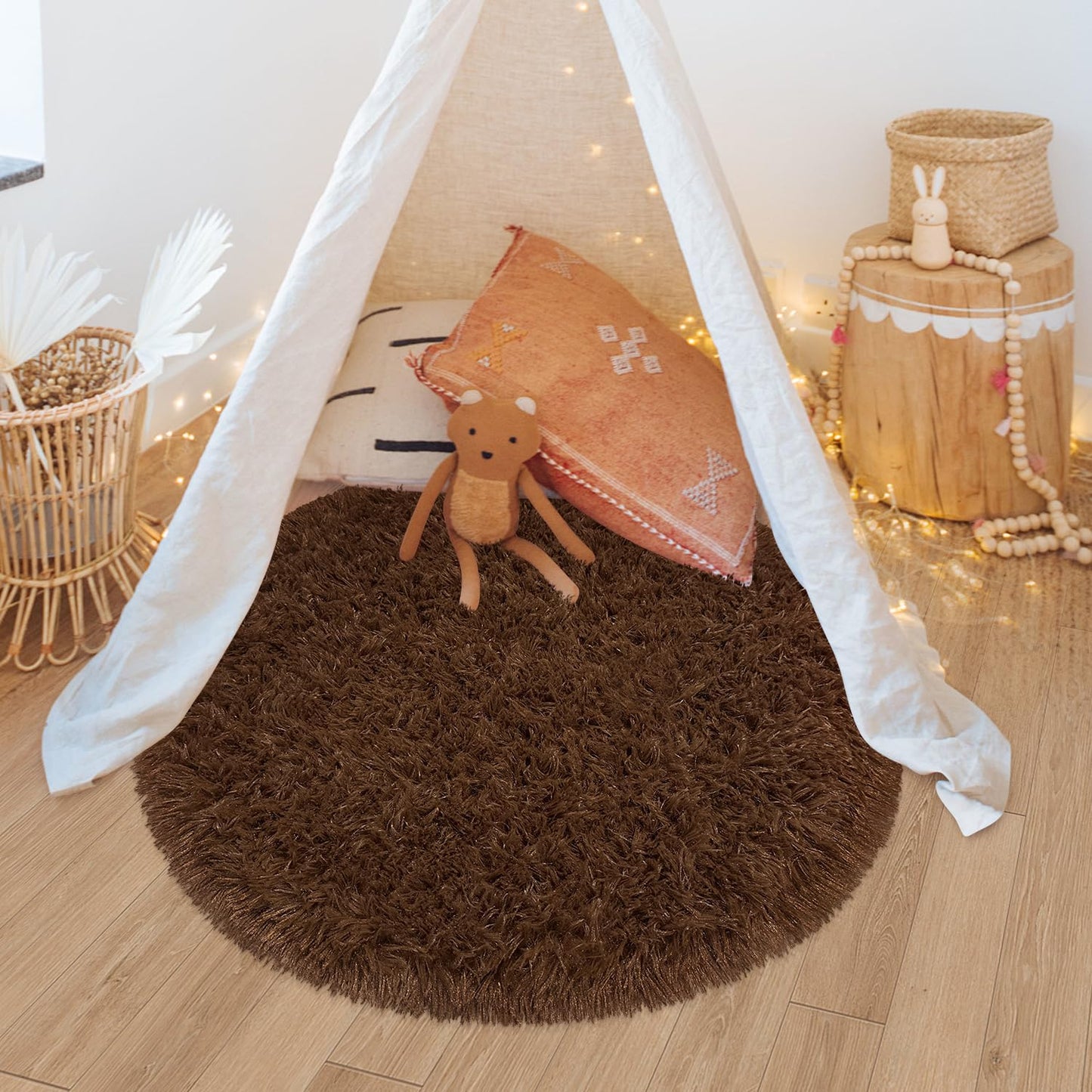 Fixseed Brown Round Area Rugs 3 Ft Small Fluffy Rug for Bedroom Shaggy Circle Rug, Soft Furry Carpet for Teen's Room Aesthetic Décor Circular Carpet for Baby Nursery Dorm Living Room Home Decor