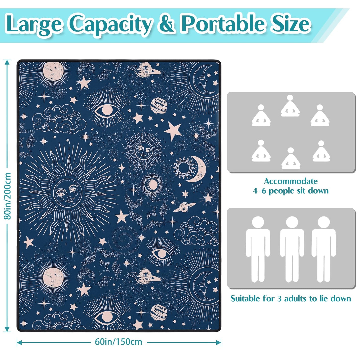 awufncksn Gothic Picnic Blankets Waterproof Foldable,60″X80″Thick Picnic Mat Blue Outdoor Blanket for Grass, Sun and Moon Beach Blanket Sandproof Picnic Accessories for Camping Party Travel Park Lawn