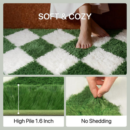 GENIMO Checkered Rug 5x7 Area Rugs for Kids Bedroom Soft Shag Rug Fluffy Fuzzy Carpet Plush Rugs for Living Room Nursery Playroom Dorm Modern Home Decor Aesthetic, Green and White