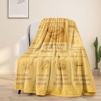 Mother-in-Law Blanket 60x50 - Vintage Newspaper Flannel Throw with Big Hug Quote, Cozy Sepia Decor - Birthday, Mother’s Day from Daughter-in-Law or Son-in-Law
