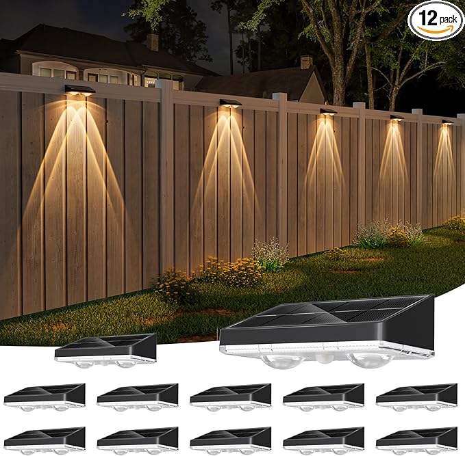 NIORSUN Solar Fence Lights,12 Pack Solars Deck Light,Warm White Color,Outdoor Bulb Waterproof Led IP65,Power Patio Lamp with Lenses for Outside/Backyard/Railing/Yard(Black)