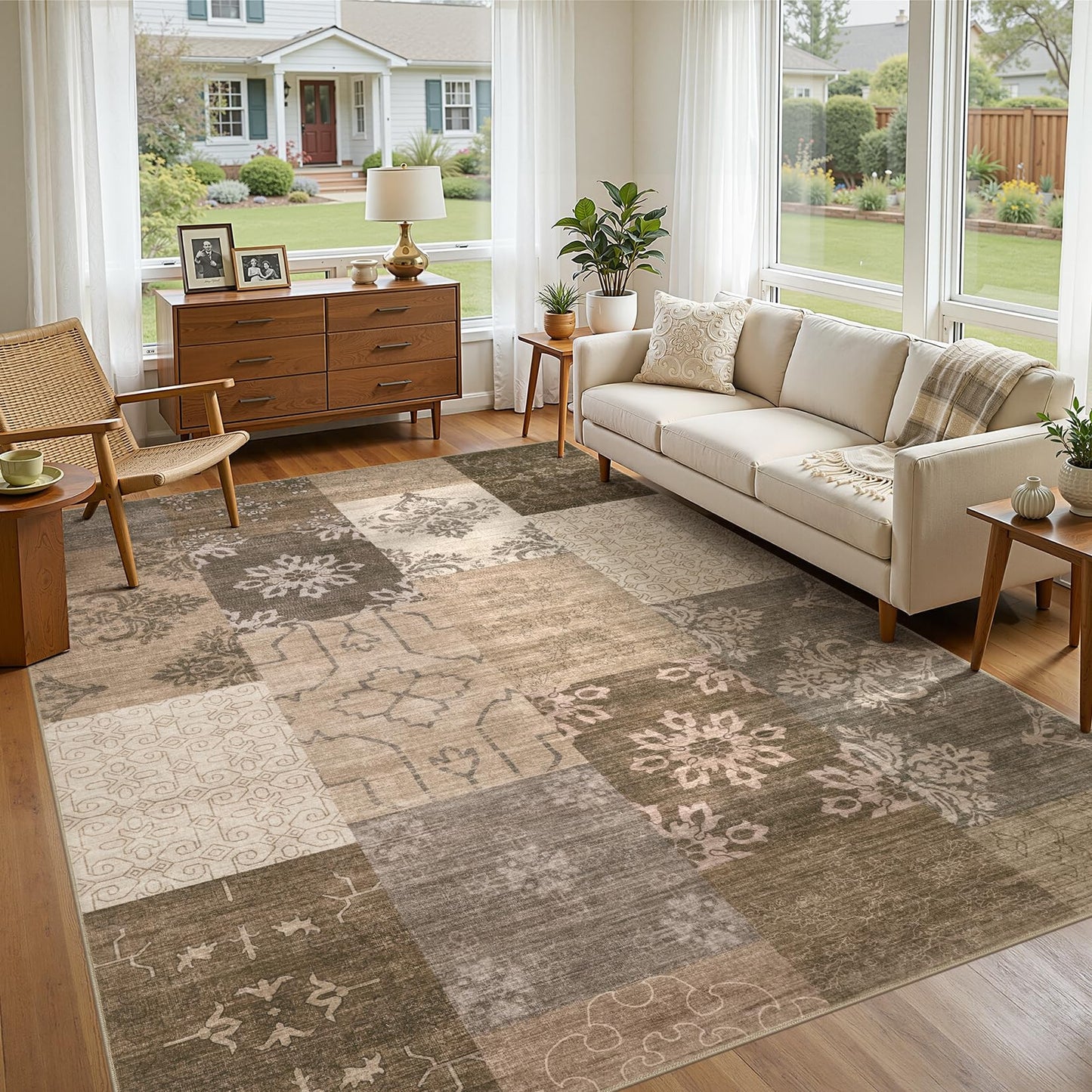 UERMEI 6x9 Area Rug for Living Room, Washable Brown Modern Geometric Patchwork Non Slip Stain Resistant Low Pile Foldable Carpet for Bedroom Dining Farmhouse Home Office