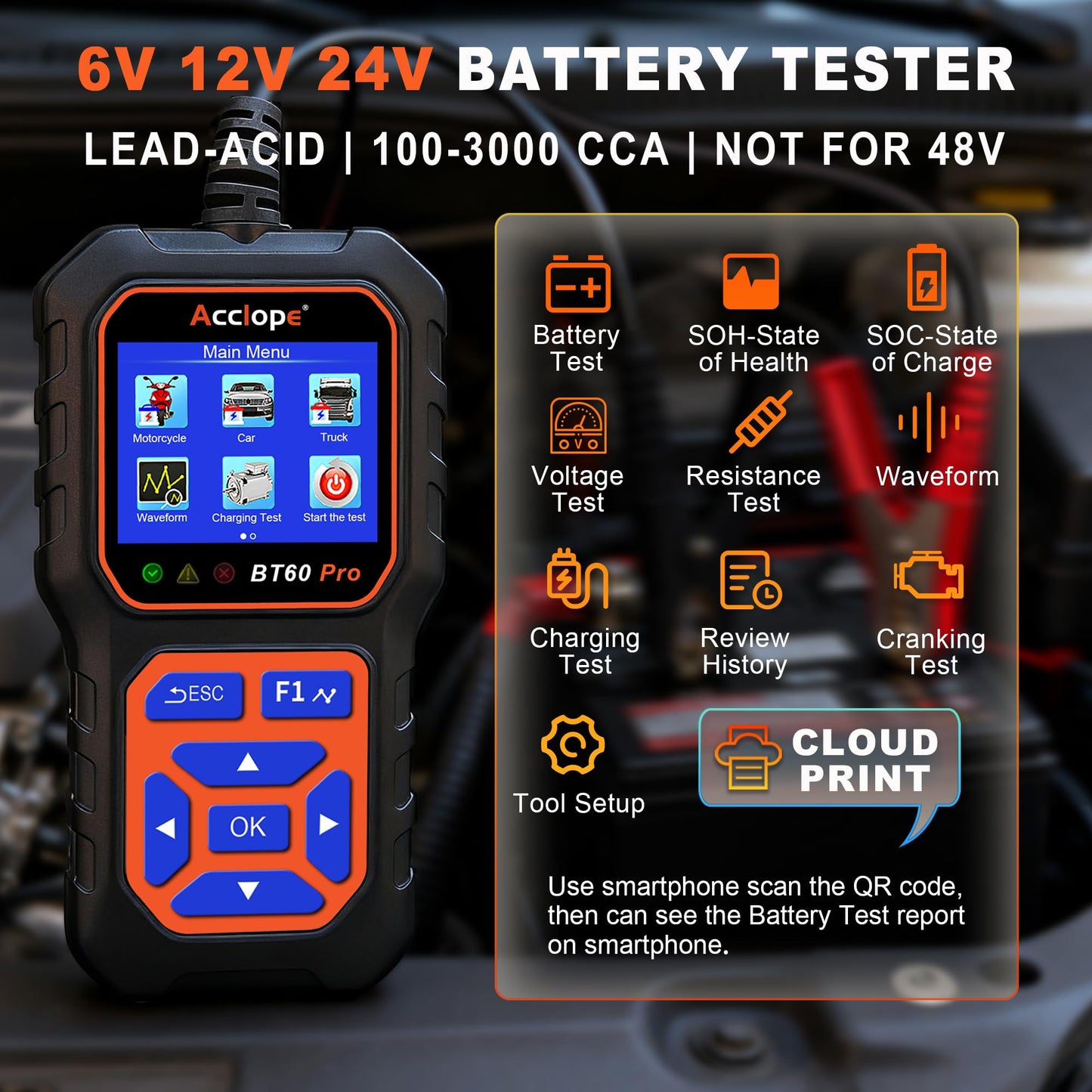 Acclope BT60 PRO Car Battery Tester 6V/12V/24V, 2-120Ah, 100-3000 CCA, Alternator & Starter/Charging System Analyzer, Automotive Load Test, QR Cloud Report (No App), for Car Truck Motorcycle Marine/RV