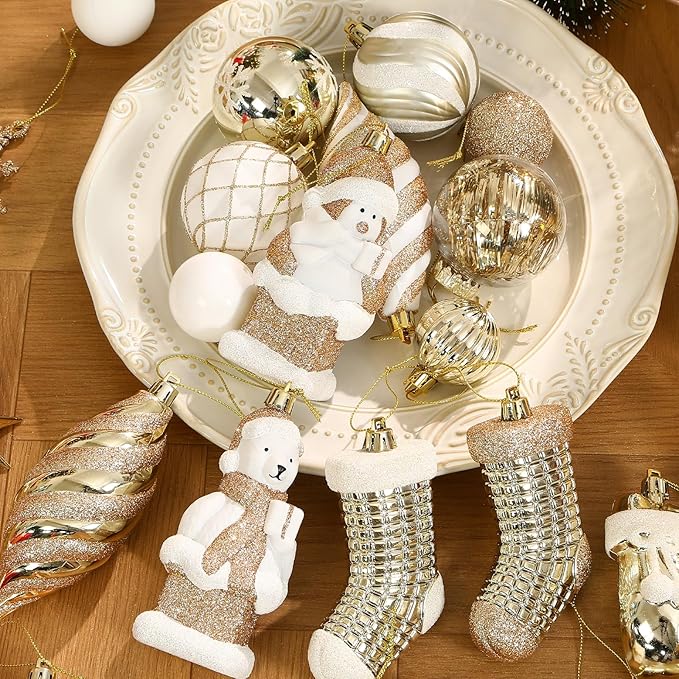 Alupssuc 112pcs Christmas Balls Ornaments Set, Shatterproof Plastic Baubles Christmas Penguin, Polar Bear for Xmas Tree Holiday Wedding Party Decorations with Hanging Strings, Gold and White