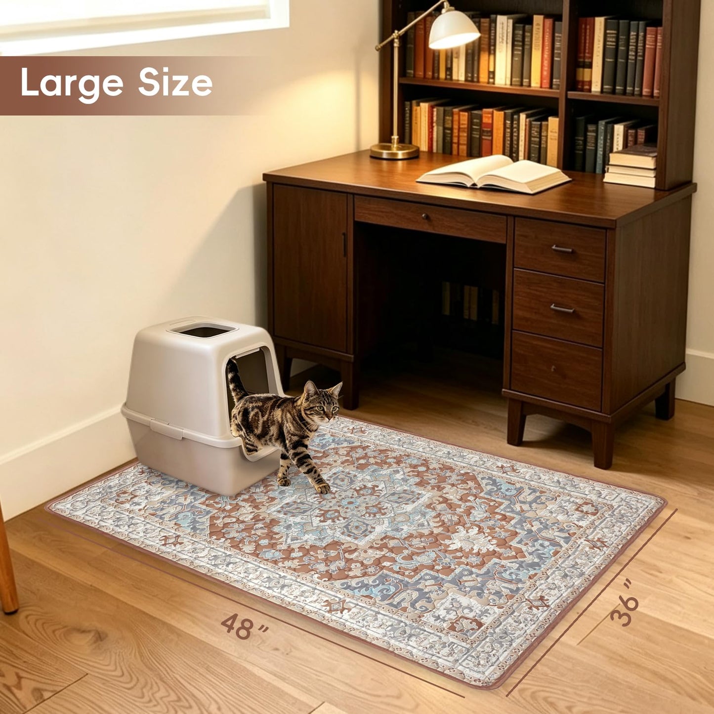 YOSEPATI Cat Litter Mat 2 Pack, Reusable Large 36"x48" Kitty Litter Trapping Mat, Machine Washable Litter Mats for Cats, Waterproof & Non-Slip Compatible with Cat Box (Beige Medallion)