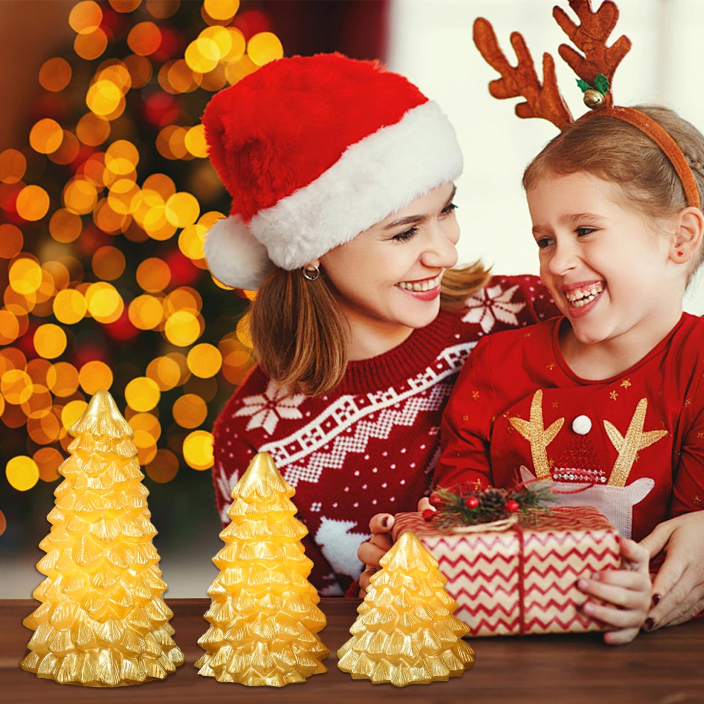 FLAVCHARM Gold Christmas Tree Flameless Candles with Remote Battery Operated Flickering LED Tabletop Lighted Xmas Tree Figurines for Fireplace Home Decor Indoor Holiday Christmas Gifts