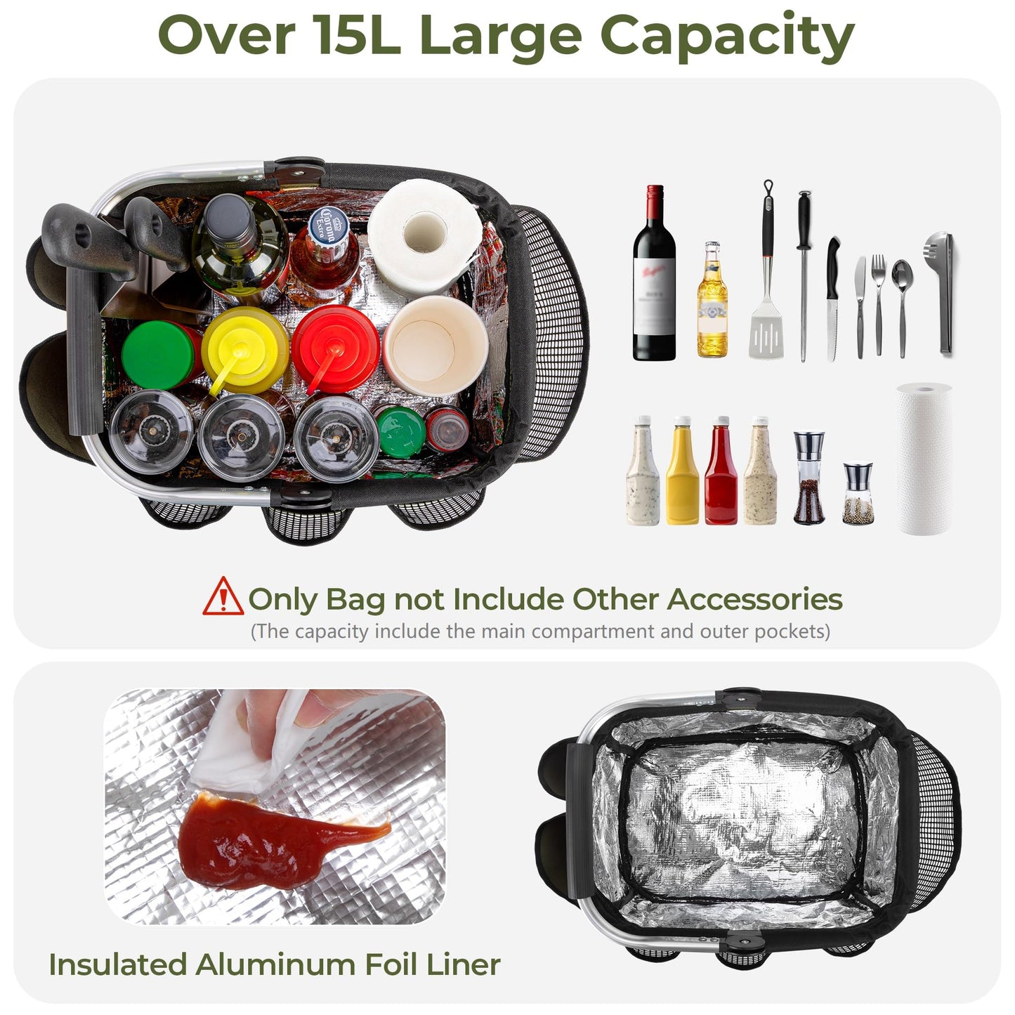 PGmoon Grill and Picnic Caddy, Foldable BBQ Tool Caddy with Rotated Handle, Multi-Pocket Grill Utensil Storage Bag for Outdoor Camping Picnic Patio Barbecue Accessories, Green
