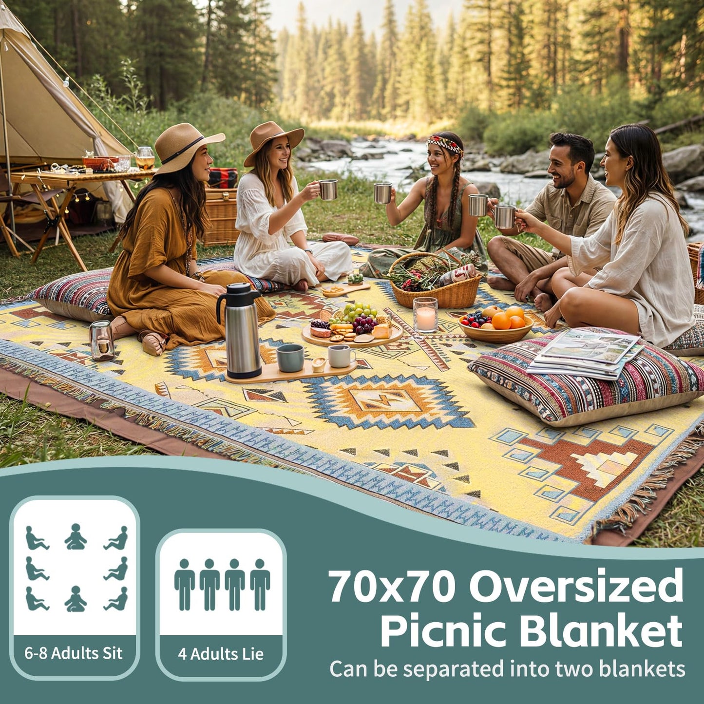 2 in 1 Extra Large Camping Blanket Outdoor Rug Picnic Yoga Mat Lightweight Car Essential Roadtrip Gadget Rv Accessories Glamping Gear Must Haves Hiking Stuff Backpacking Necessities Women Beach Gift