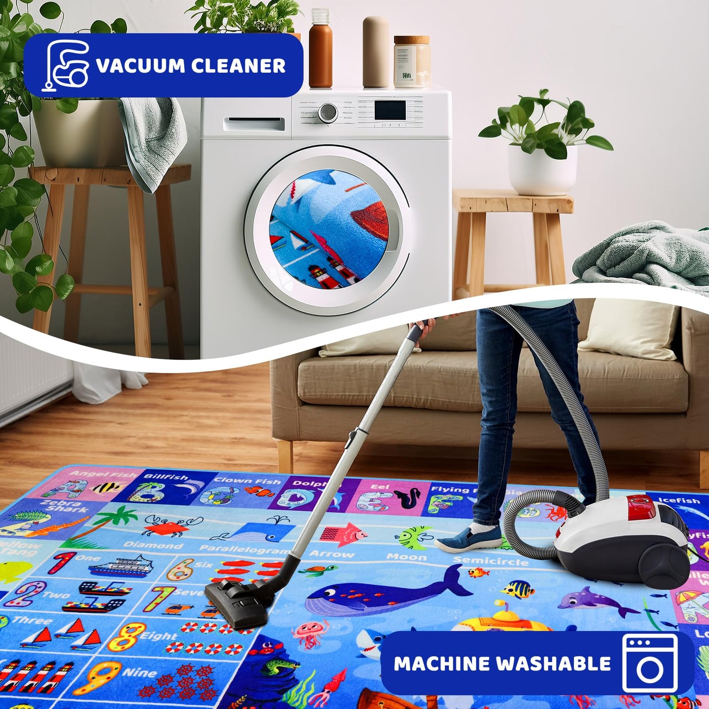 DINSUMRUG 3'3"×5' Interactive Ocean World Learning Rug with ABC, Sea Animals, Numbers & Shapes for & Preschoolers, Washable Non-Slip Carpet for Playroom, Nursery & Homeschool