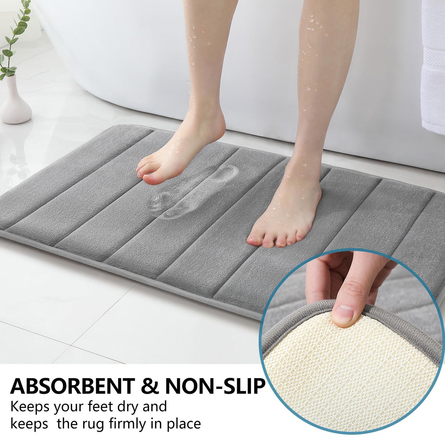 BYSURE Bathroom Rugs Sets 2 Piece, Memory Foam Non Slip Extra Soft Absorbent Machine Washable Toilet Bath Mats (Grey, 20x32+U-Shaped 20x24)