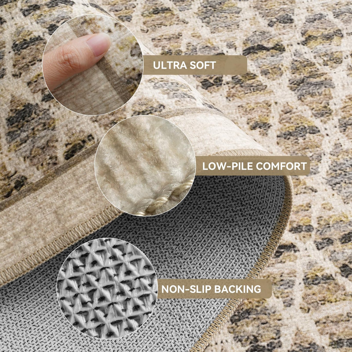 Hallway Runner Rug 2x8 Washable Non Slip, Kitchen Runner Rug & Long Indoor Runner Carpet for Entryway Laundry Room Bedroom, Vintage Low Pile Area Rug (2'x8', Beige)