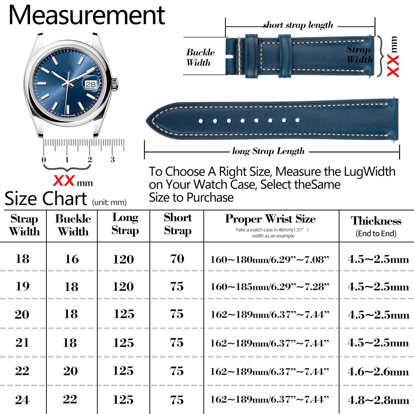Gomvadr Vintage Genuine Top Grain Leather Watch Strap Quick Release, 18/19/20/21/22/24mm, Silver/Black Buckle, Universal Fit Unisex for Daily Wear (Blue with Silver Buckle, 21mm)
