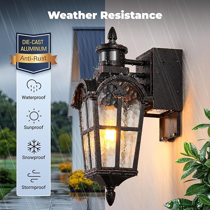 16.4" Motion Sensor Outdoor Lights with GFCI Outlet, 2-Pack ORB Outdoor Porch Light with Water Ripple Glass, 4-Modes Waterproof and Anti-Rust Dusk to Dawn Outdoor Lighting for Garage Patio