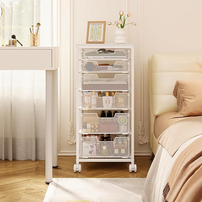 Sbanmao 6 Drawers Rolling Utility Cart, Rolling Storage Cart with Wooden Tabletop, Storage Drawer Cart on Lockable Wheels, Craft Cart for Bedroom, Classroom, Office, White