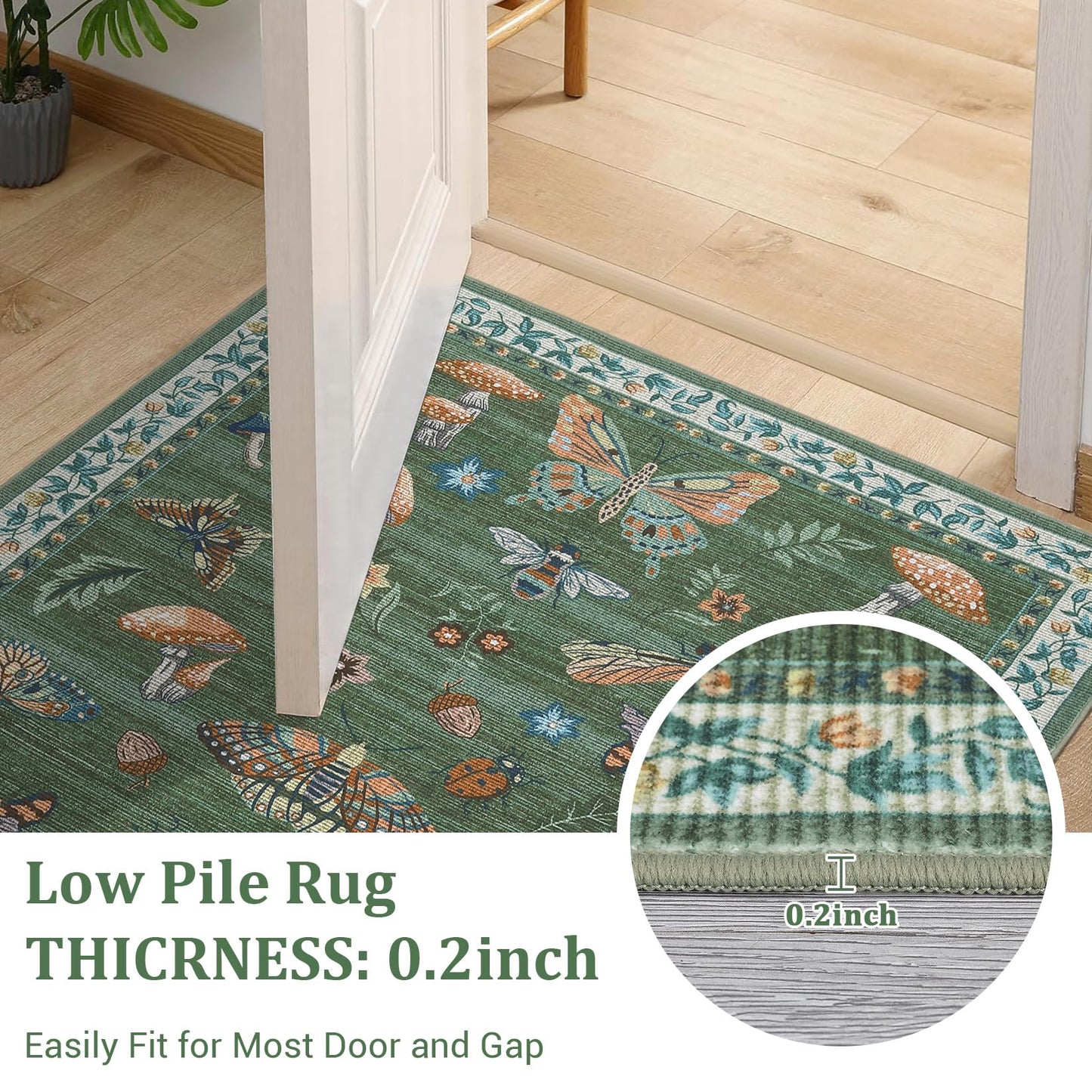 ROYHOME Mushroom Washable Rug 5x7 Area Rugs for Living Room, Insect Print for Bedroom, Non Slip Throw Rugs with Rubber Back, Soft Low Pile Dining Room Carpet for Under Table, Green