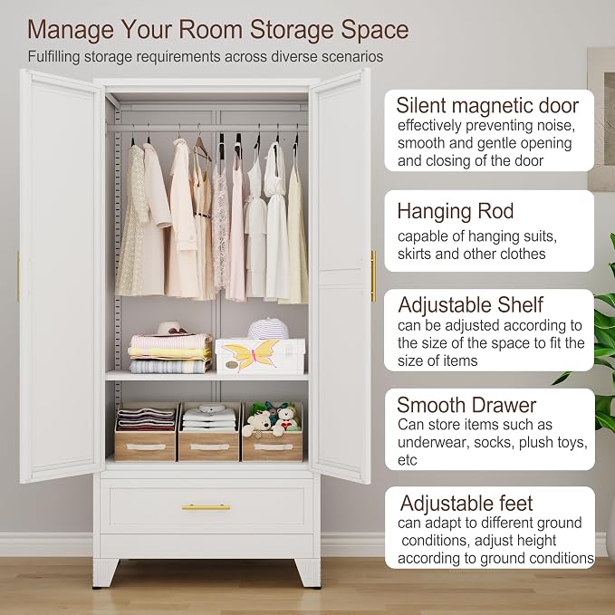 erosoei 71" H Metal Armoire Wardrobe Closet with Mirror,Household Steel Wardrobe Cabinet with Drawers,Clothing Storage Wardrobe Cabinet with Adjustable Shelves and Hanging Rod for Bedroom（White）