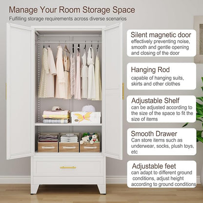 erosoei 71" H Metal Armoire Wardrobe Closet with Mirror,Household Steel Wardrobe Cabinet with Drawers,Clothing Storage Wardrobe Cabinet with Adjustable Shelves and Hanging Rod for Bedroom（White）