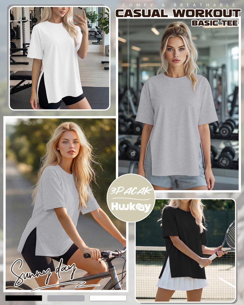 Huukeay 3 Pack Women's Oversized Gym T Shirts Short Sleeve Side Split Crewneck Tops Casual Summer Workout Baggy Basic Tee(Black, White, Gray,L)