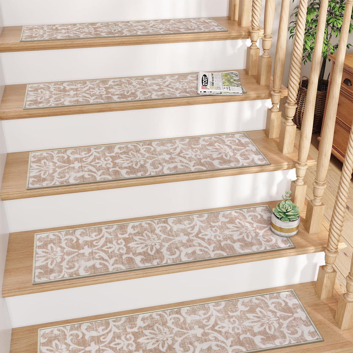 Lahome Carpet Stair Treads Non Slip Backing, 15 Pack 8" X 30" Stair Treads for Wooden Steps Indoor, Soft Washable Stairway Stair Runners Oriental Staircase Rugs for Kids Pets Elders(15pc, Beige)