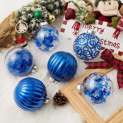 XmasExp 8ct Christmas Ball Ornaments Set -Large Clear Plastic Shatterproof Xmas Tree Ball Hanging Baubles Stuffed Delicate Glittering for Holiday Wedding Xmas Party Decoration (100mm/3.94",Blue)