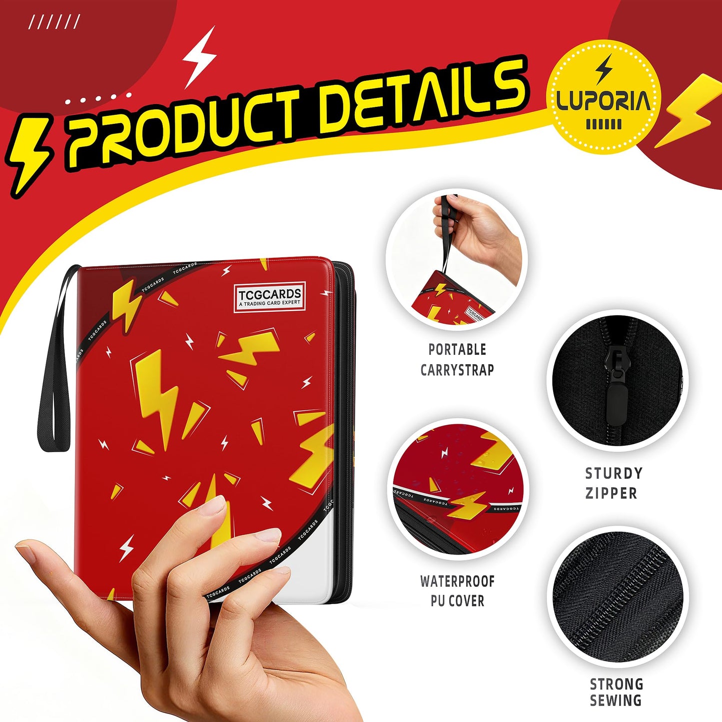 Trading Card Binder 4 Pocket,400 Pocket Card Collection Binder with 50 Removable Sleeves,PU Waterproof Top Card Book,3-Ring Zipper Collectible Trading Card Album for MTG/TCG/Card Holder Gift（Red）