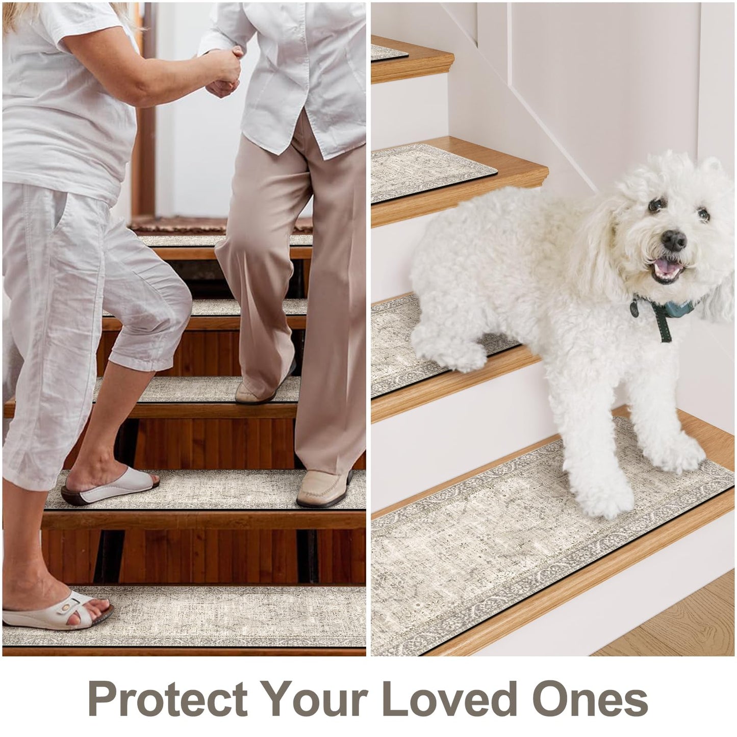 Tiveney Stair Treads Non Slip 15PCS 8"x30" Stair Runner, Rubber Backing Carpet Stair Treads for Wooden Steps, Washable Safety Carpet for Stairs Khaki Indoor Staircase Step Treads for Kids Elder Dogs