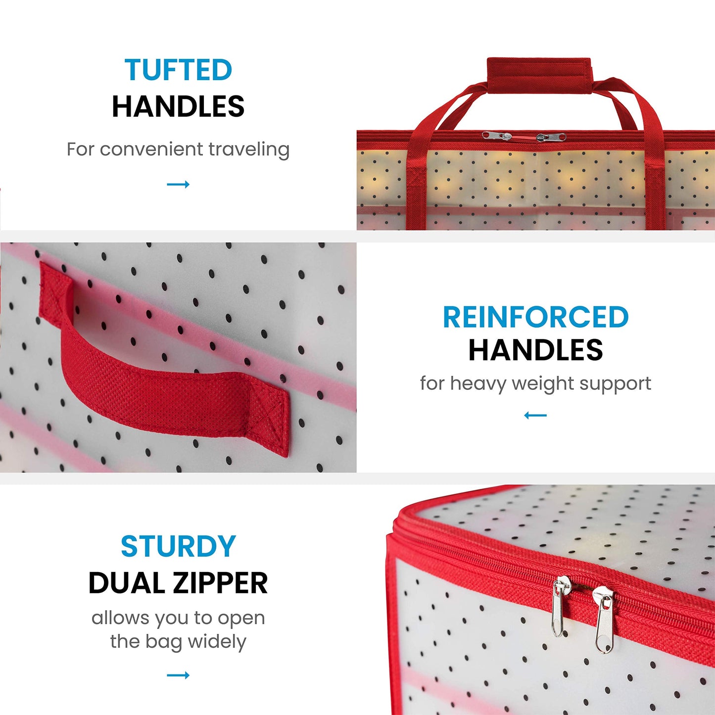 ZOBER Christmas Ornament Storage Box - Stores 128 Ornaments W/ 2 Sided Zipper - Flexible Plastic Christmas Ornament Storage Containers - 3 Inch Cube Compartments - Red