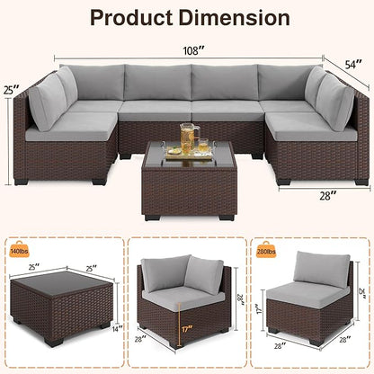 Ahomly 7-Piece Patio Furniture Set, Outdoor Sectional Couch with Water-Resistant Cushions & Coffee Table, PE Rattan Outdoor Patio Sofa Set for Backyard, Deck, Garden, or Porch, Grey
