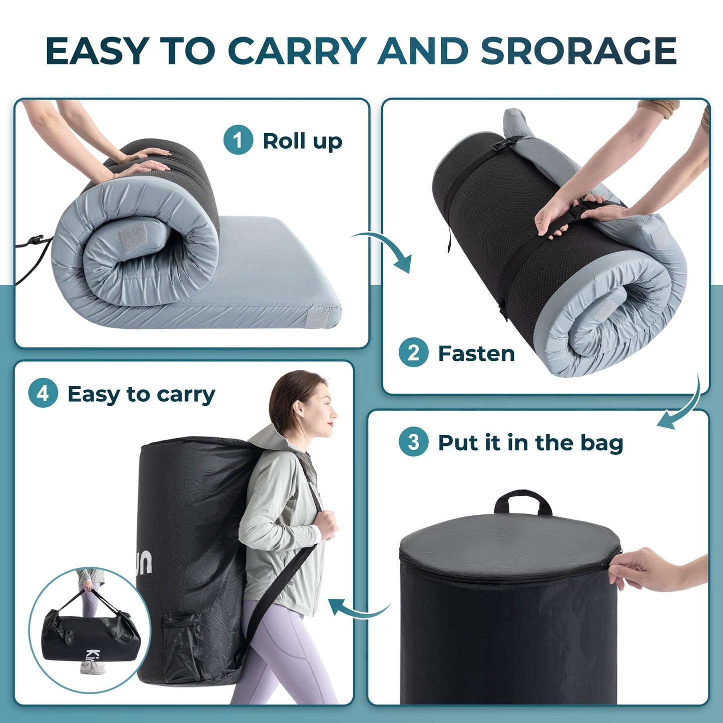 Kingfun 3 Inch CertiPUR-US Memory Foam Camping Mattress Pad, Waterproof Roll up Sleeping Pad, Thick Floor Sleeping Mats for Tent with Removable Travel Bag(Light Blue, Cot)