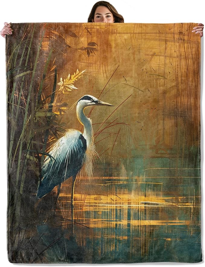 Blue Heron in Sunset Wetlands Throw Blanket for Boys Girls Kids Adults Women, Fuzzy Warm Soft Cozy Flannel Blankets Gifts for Bedroom, Couch, Travel, Home Decor 60x80 in