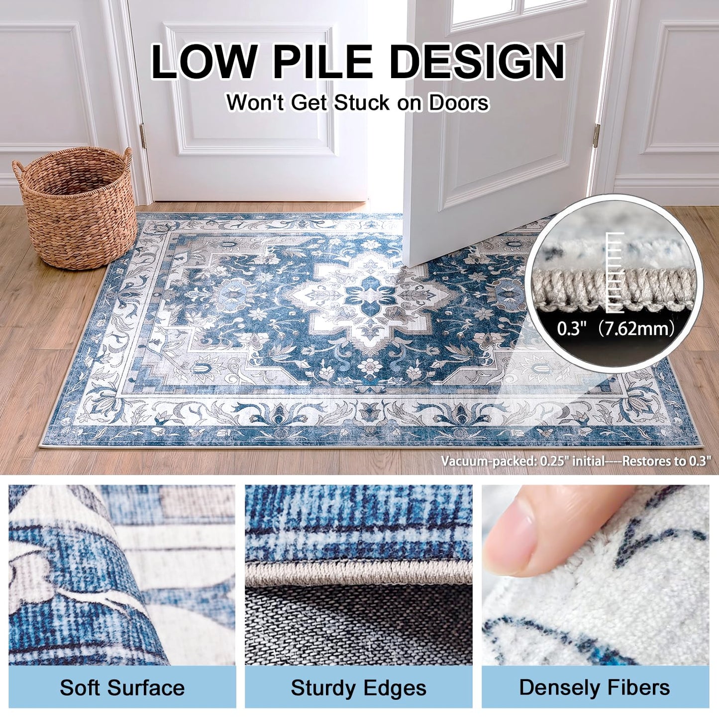 Cnythlis Washable Area Rug 9'x12', Non-Slip 0.3" Low Pile Rug for Living Room Bedroom, Pet Friendly Boho Farmhouse Floral Carpet, Stain Water Resistant, Extra Large, Slate Blue & Ash Gray