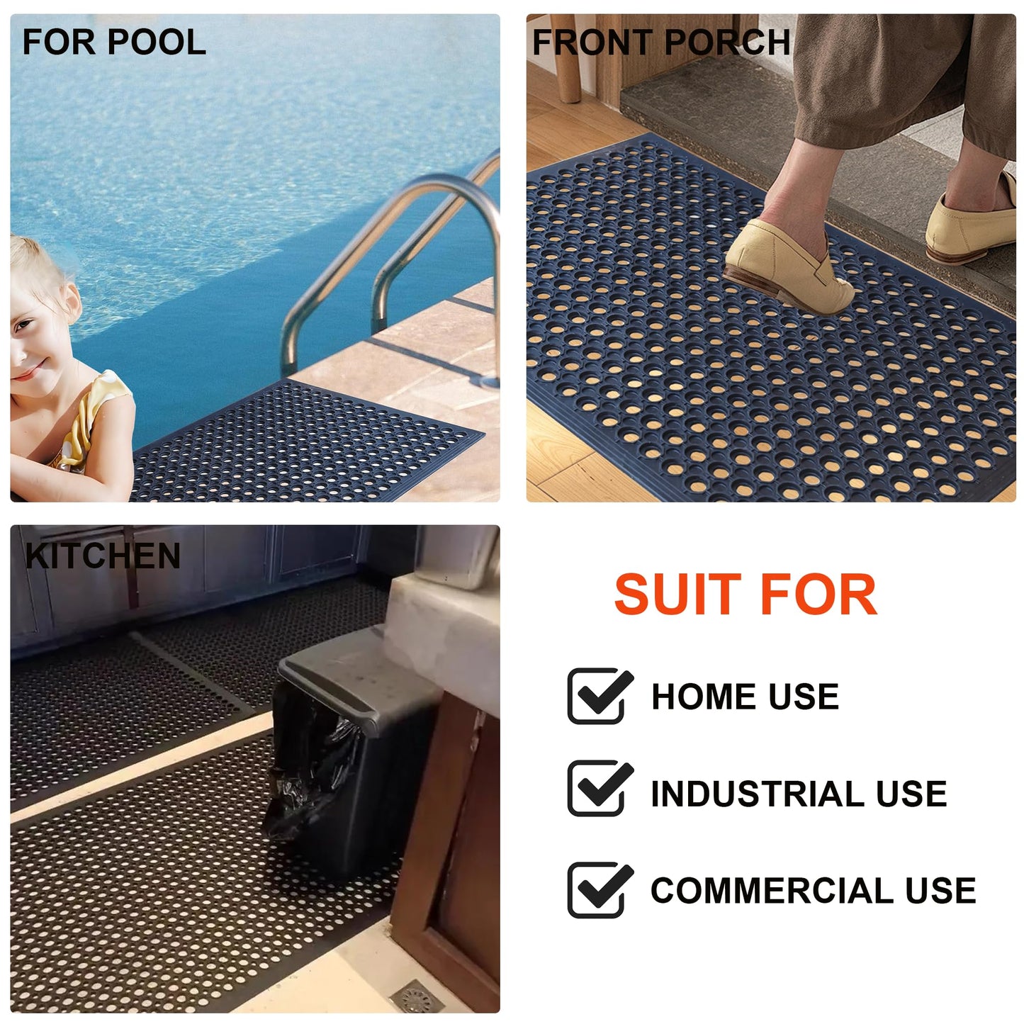 OrangeStar Anti-Fatigue 4-Pack Rubber Floor Mat, 24”x36” Restaurant Kitchen Commercial Drainage Mats, Non-Slip Door Mat w/Holes for Indoor Outdoor Bar Pool, Black