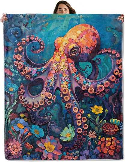 Underwater Octopus Throw Blanket for Boys Girls Kids Adults Women, Fuzzy Warm Soft Cozy Flannel Blankets Gifts for Bedroom, Couch, Travel, Home Decor 60x80 in