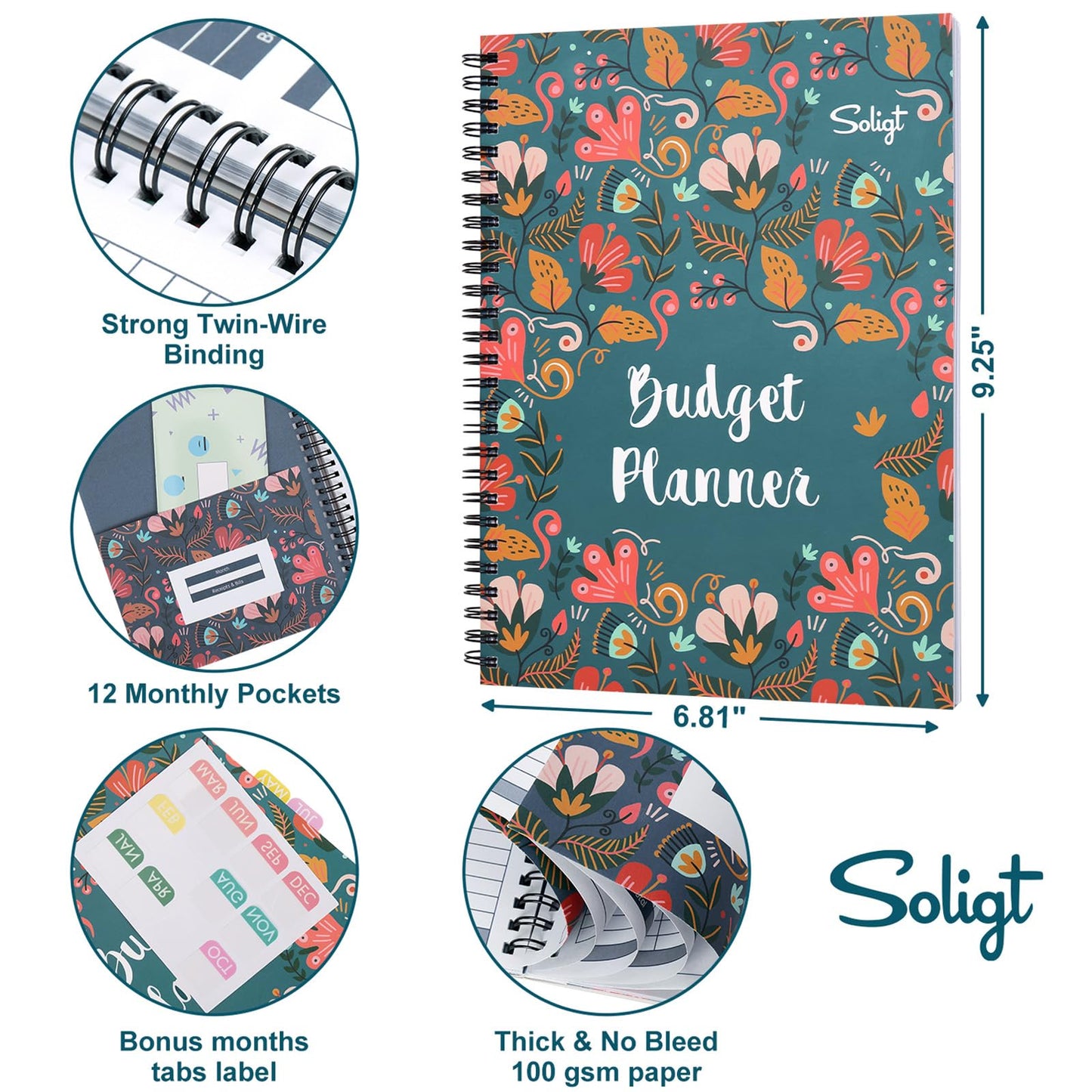 Soligt Budget Planner Monthly Budget Book Bill Organizer with 12 Pockets, Undated Home Financial Money Expense Saving Debt Tracker Notebook, 1 Year, Blue Floral, Spiral Design