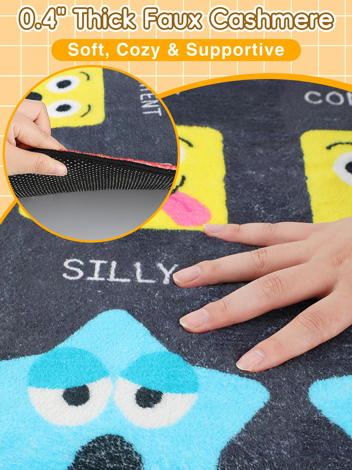 Beeplove 36''x60'' Calm Down Corner Supplies Classroom Rug - Non-Slip Backing with 8 Grippers, Feelings Chart Kids Reading Rug for Preschool Nursery Back to School Classroom Decor, Raibow & Black