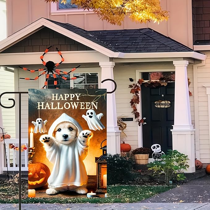 Double Sided Vertical Garden Flag - 12x18 Halloween Bichon Frise Dog Pumpkin Outdoor Decorative Flag for Yard, Lawn, Patio