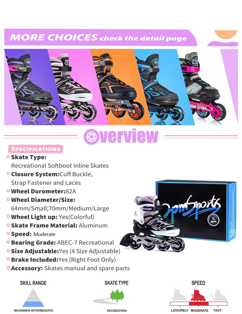 2PM SPORTS Cytia Pink Girls Adjustable Illuminating Inline Skates with Light up Wheels, Fun Flashing Beginner Roller Skates for Kids (Purple, Small - Little Kids (10C-12.5C US))