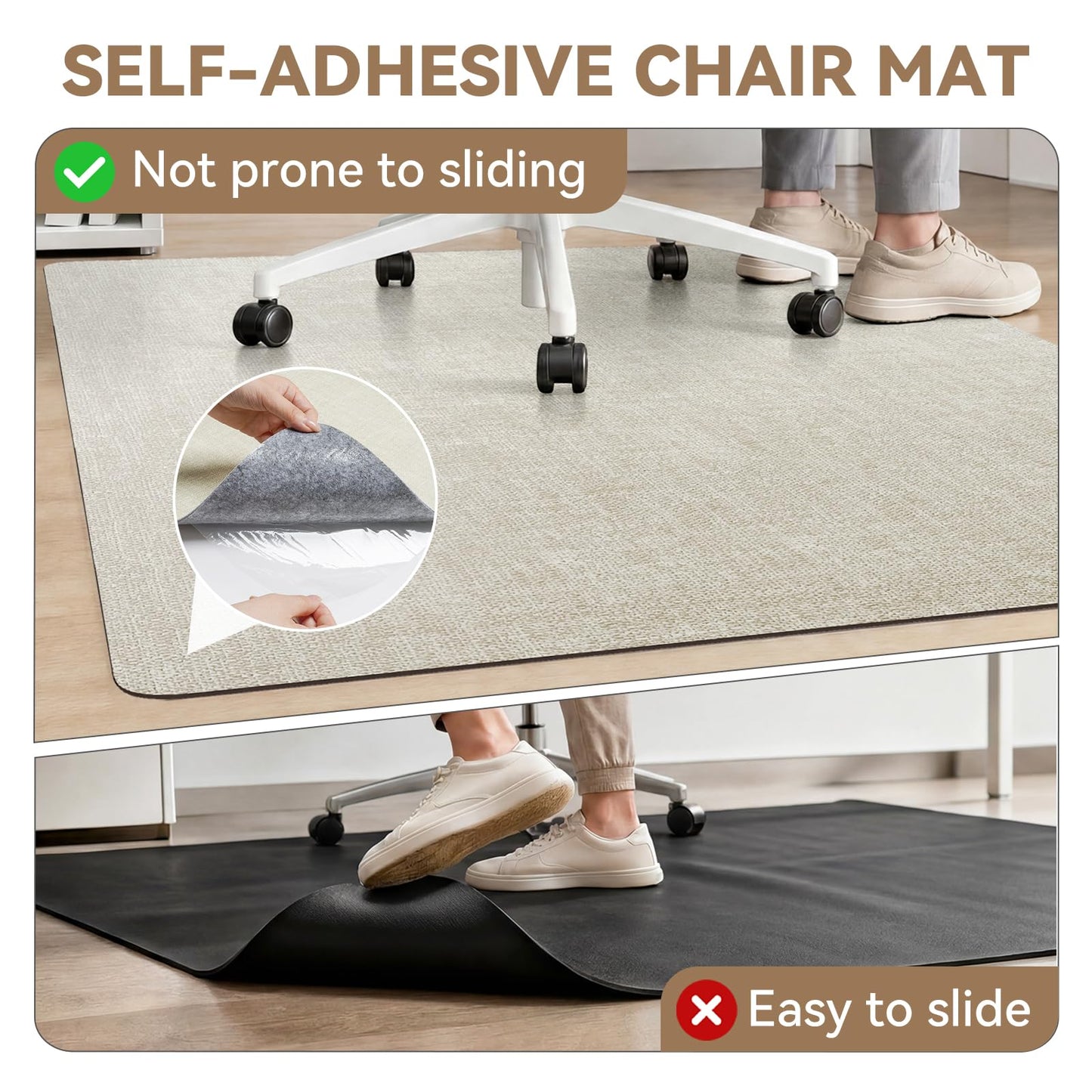 YDKGL PU Office Chair Mat for Hardwood Floor, 32"x48" Self-Adhesive Rolling Chair Mat for Under Desk, Large Non-Slip Heavy Duty Hard Floor Protector for Wood/Tile, Desk Rug for Home Office Beige