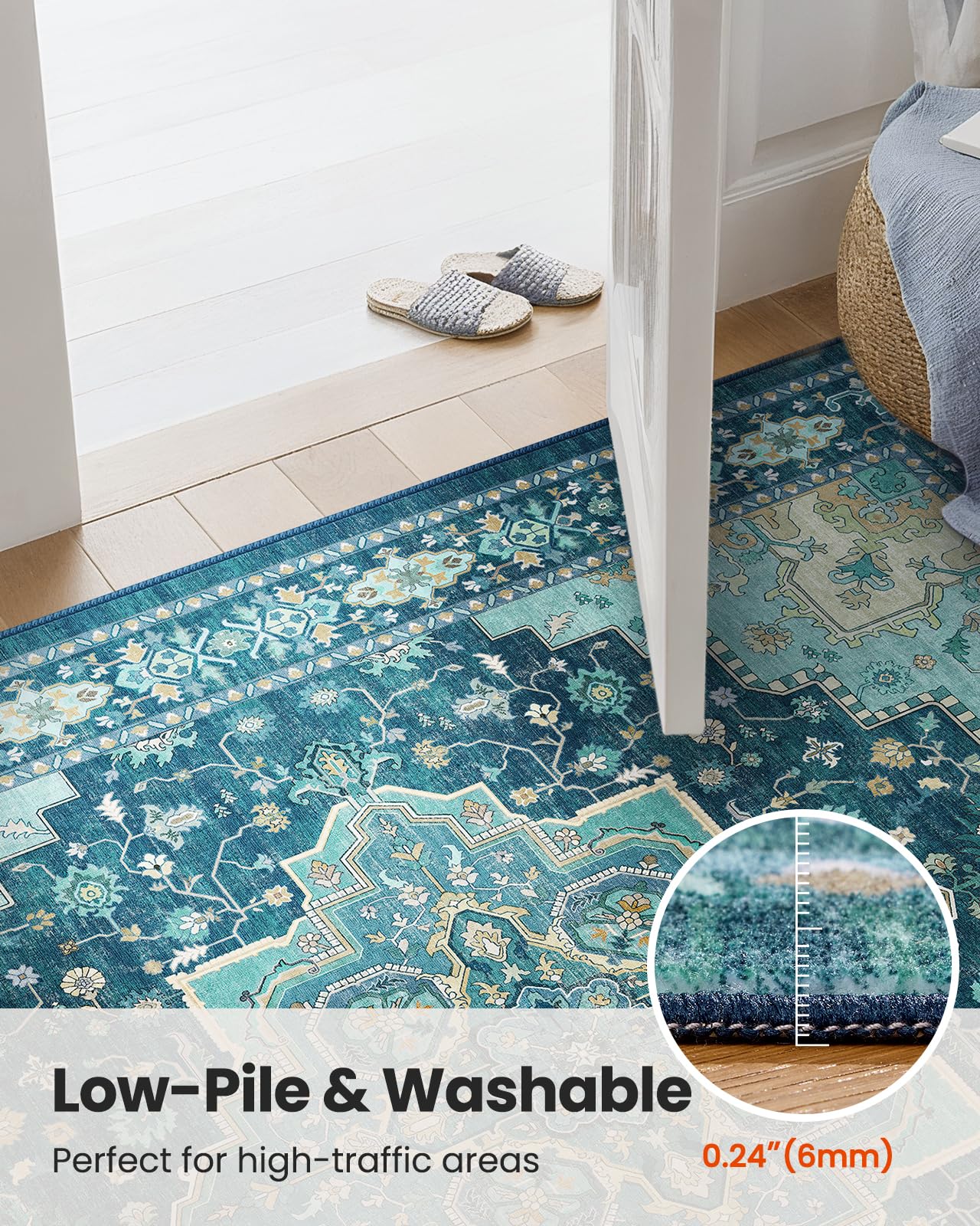 AMADA HOMEFURNISHING 8x10 Area Rug for Living Room, Vintage Washable Area Rug Low-Pile & Non-Slip Carpet for Bedroom Dining Room Nursery Home Office, Teal Blue