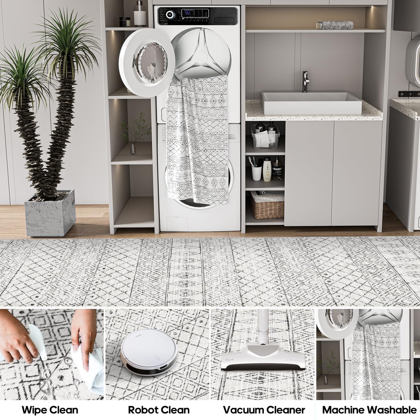 BYYVOO Washable 5x5 Rug Square Moroccan: Non-Slip Soft Indoor Throw Large Carpet - Low Pile Farmhouse Floor Mat for Living Room Bedroom Dining Room - Rugs for Young Families Home 5x5 Geo Grey