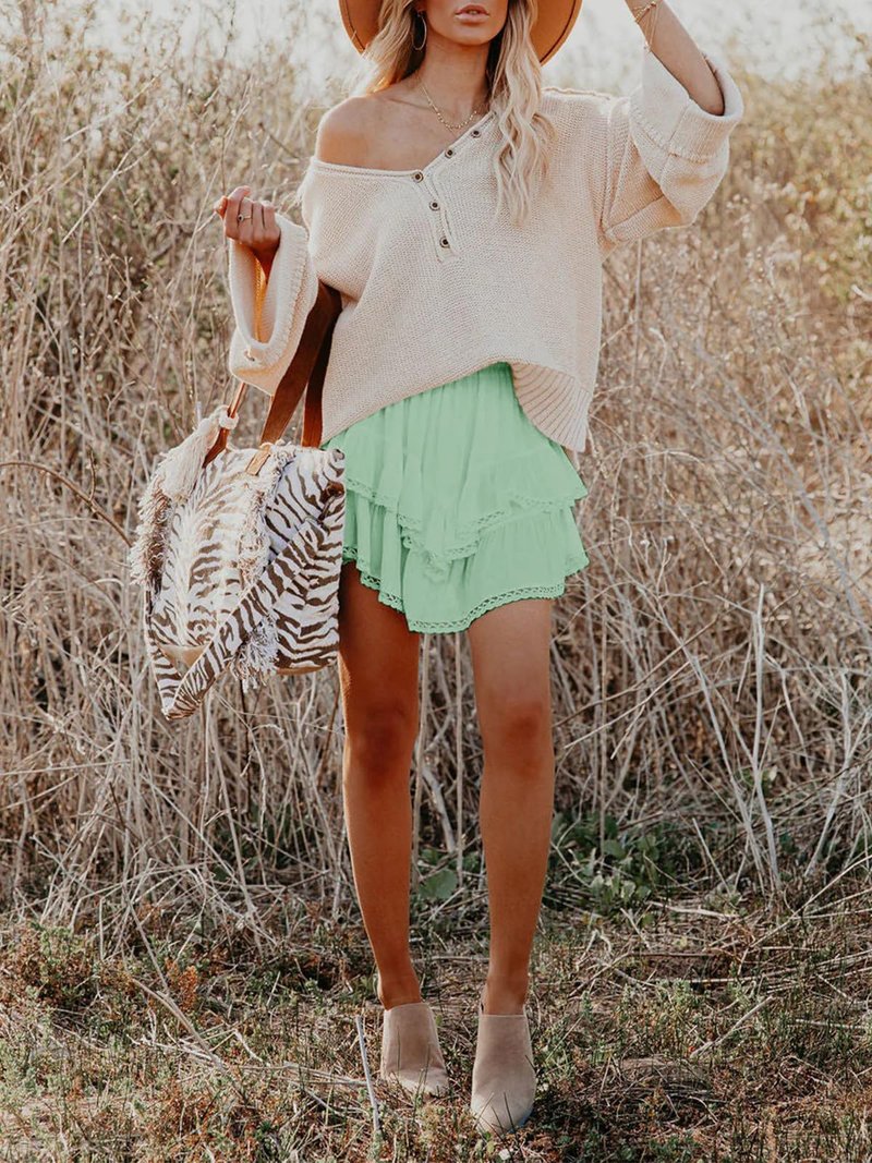 Aoudery Flowy Shorts for Women Casual Boho Ruffle Tiered Skorts High Waist Mini Skirts Golf Tennis Butterfly Crochet Shorts - Light Green M
